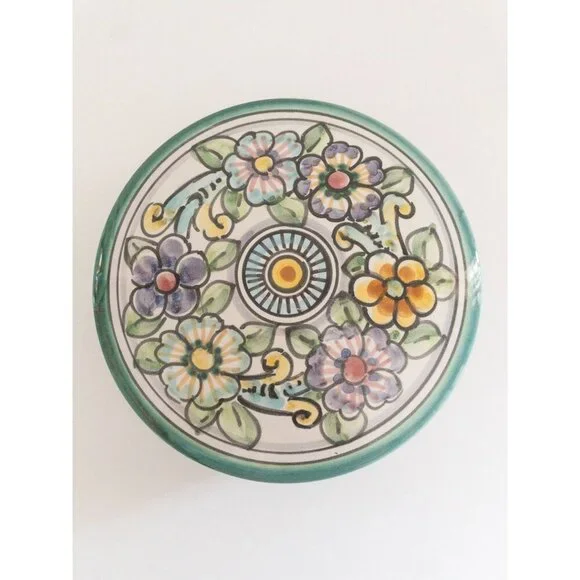 Handmade D' Acunto Vietri Italian Ceramic Floral Round Box 6" Diameter
